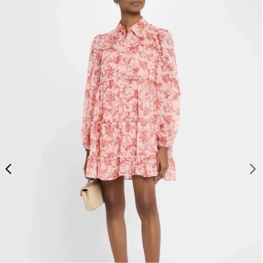 Cinq à Sept Ivy Paisley Kennedy Mini Dress Pink Red Paisley Floral Tiered Ruffle